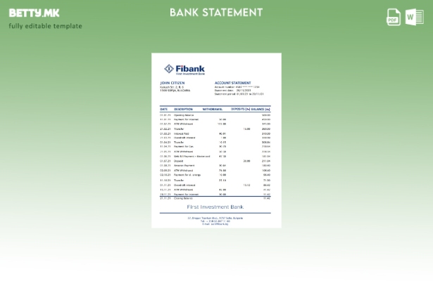 Модерен стил Бугарија шаблон за ексел банкарски извод на Фибанк